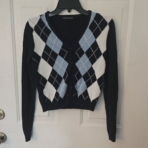 Brandy Melville Argyle V-Neck Button Cardigan Sweater - Black & Light Blue